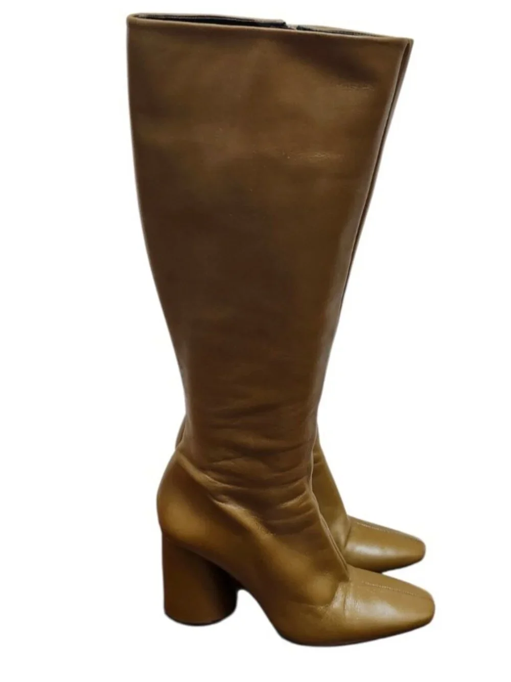 ZARA Camel Brown Leather Knee High Boots Block Heel Square Toe Women's EU 40US 9